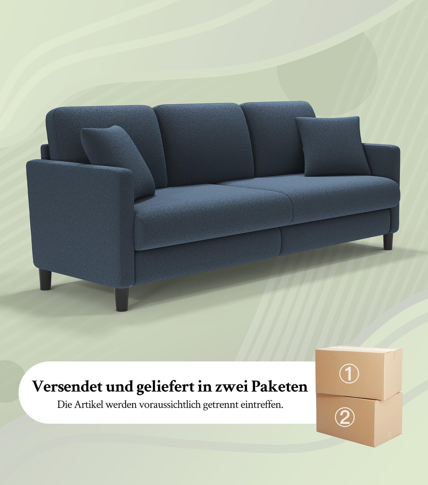 3-Sitzer Sofa 211 cm aus Teddy Fleece, bequem & werkzeugfrei aufbaubar, mit 2 Kissen, Blau-Grau