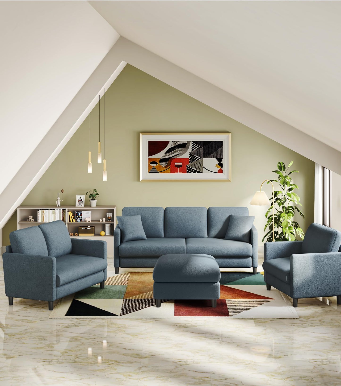 3-Sitzer Sofa 211 cm aus Teddy Fleece, bequem & werkzeugfrei aufbaubar, mit 2 Kissen, Blau-Grau
