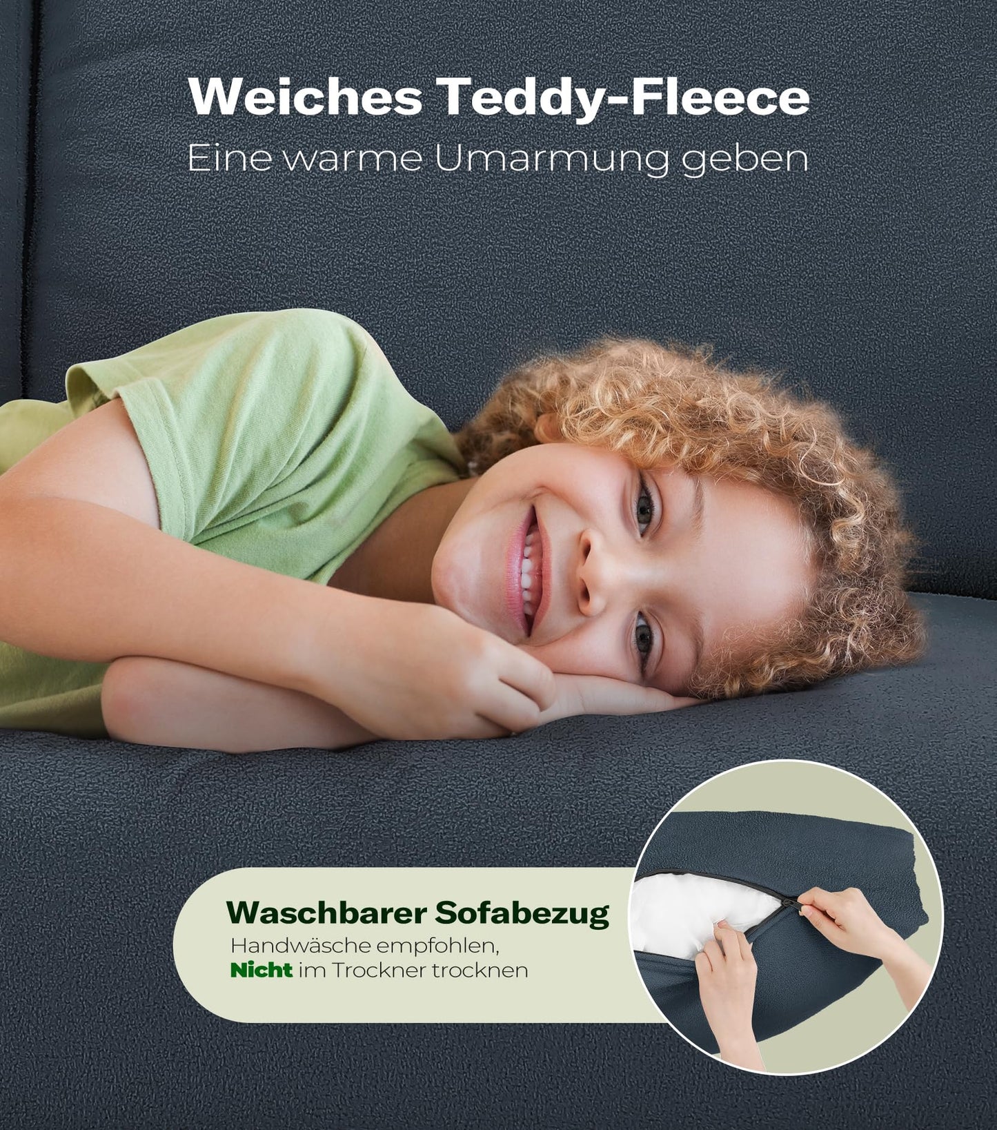 3-Sitzer Sofa 211 cm aus Teddy Fleece, bequem & werkzeugfrei aufbaubar, mit 2 Kissen, Blau-Grau