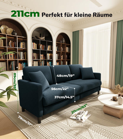 3-Sitzer Sofa 211 cm aus Teddy Fleece, bequem & werkzeugfrei aufbaubar, mit 2 Kissen, Blau-Grau