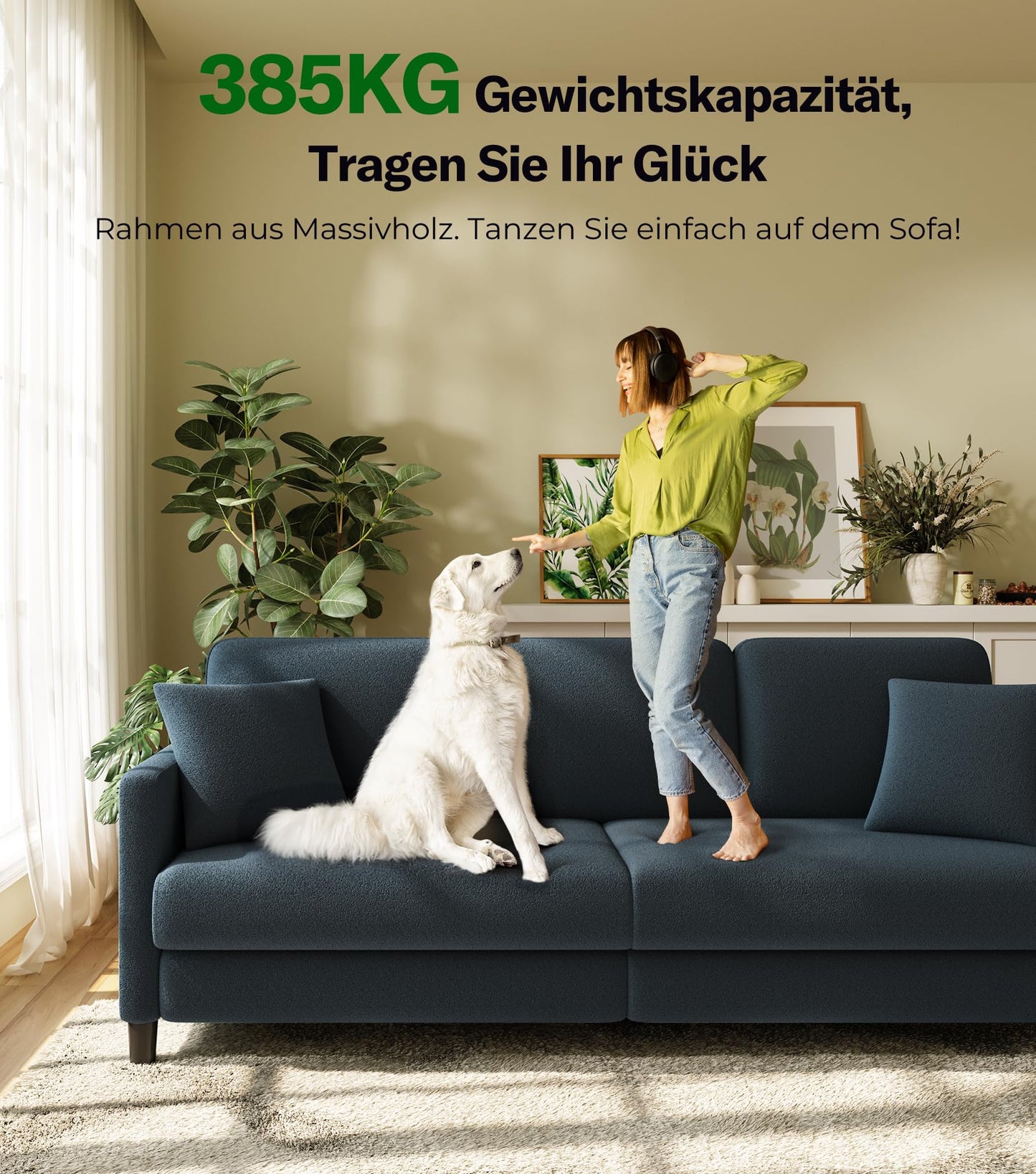 3-Sitzer Sofa 211 cm aus Teddy Fleece, bequem & werkzeugfrei aufbaubar, mit 2 Kissen, Blau-Grau