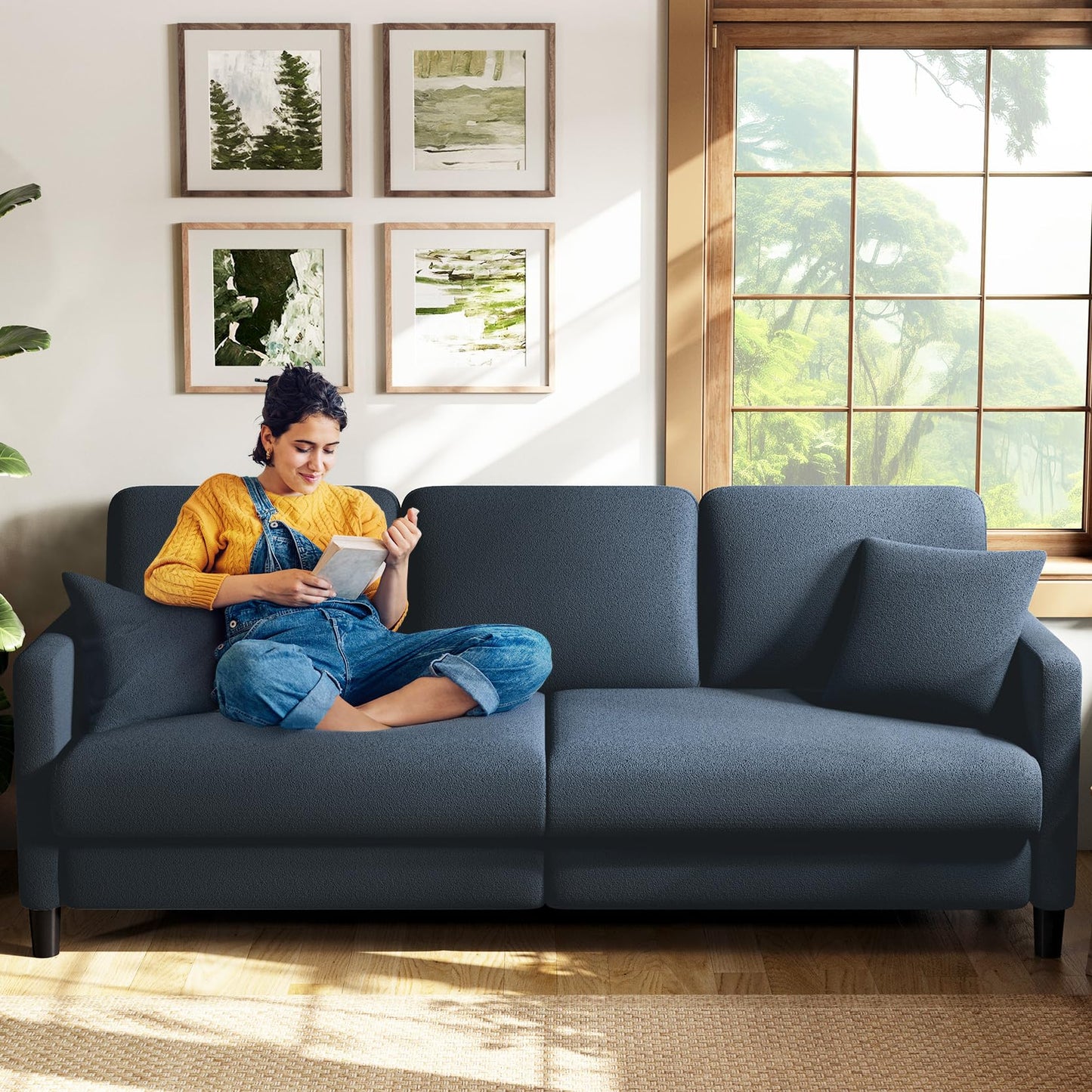 3-Sitzer Sofa 211 cm aus Teddy Fleece, bequem & werkzeugfrei aufbaubar, mit 2 Kissen, Blau-Grau