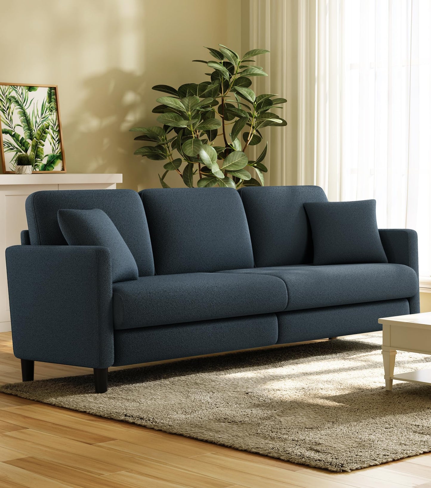 3-Sitzer Sofa 211 cm aus Teddy Fleece, bequem & werkzeugfrei aufbaubar, mit 2 Kissen, Blau-Grau